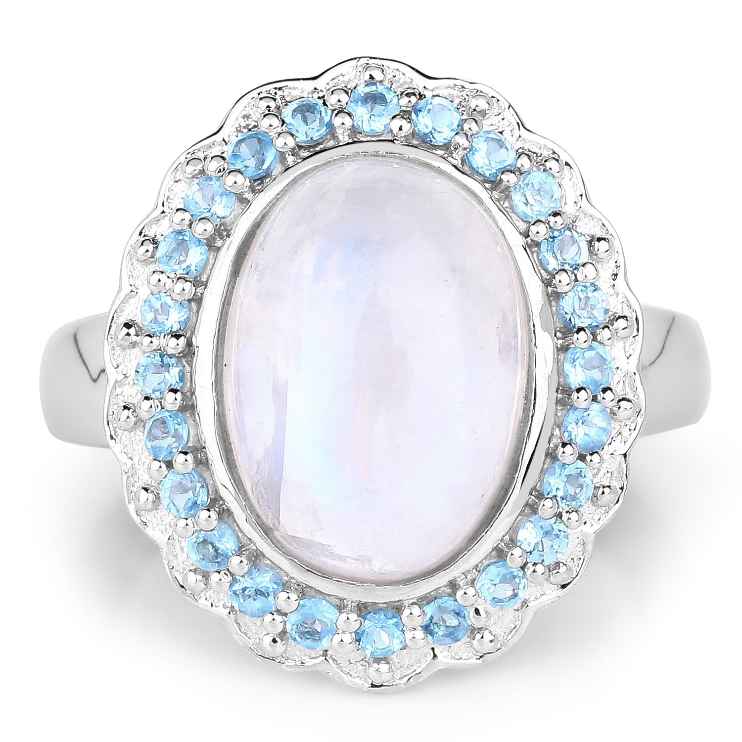 7.21 Carat Genuine White Rainbow Moonstone & Swiss Blue Topaz .925 Sterling Silver Ring Bids.com