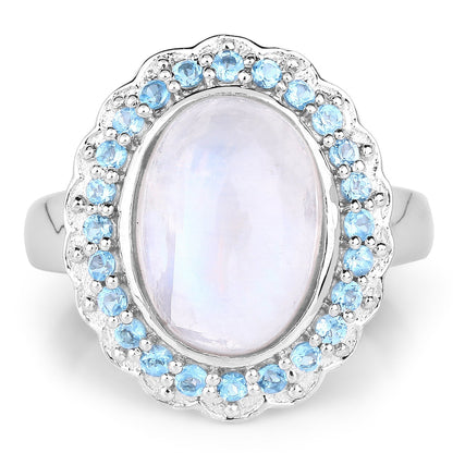 7.21 Carat Genuine White Rainbow Moonstone & Swiss Blue Topaz .925 Sterling Silver Ring Bids.com
