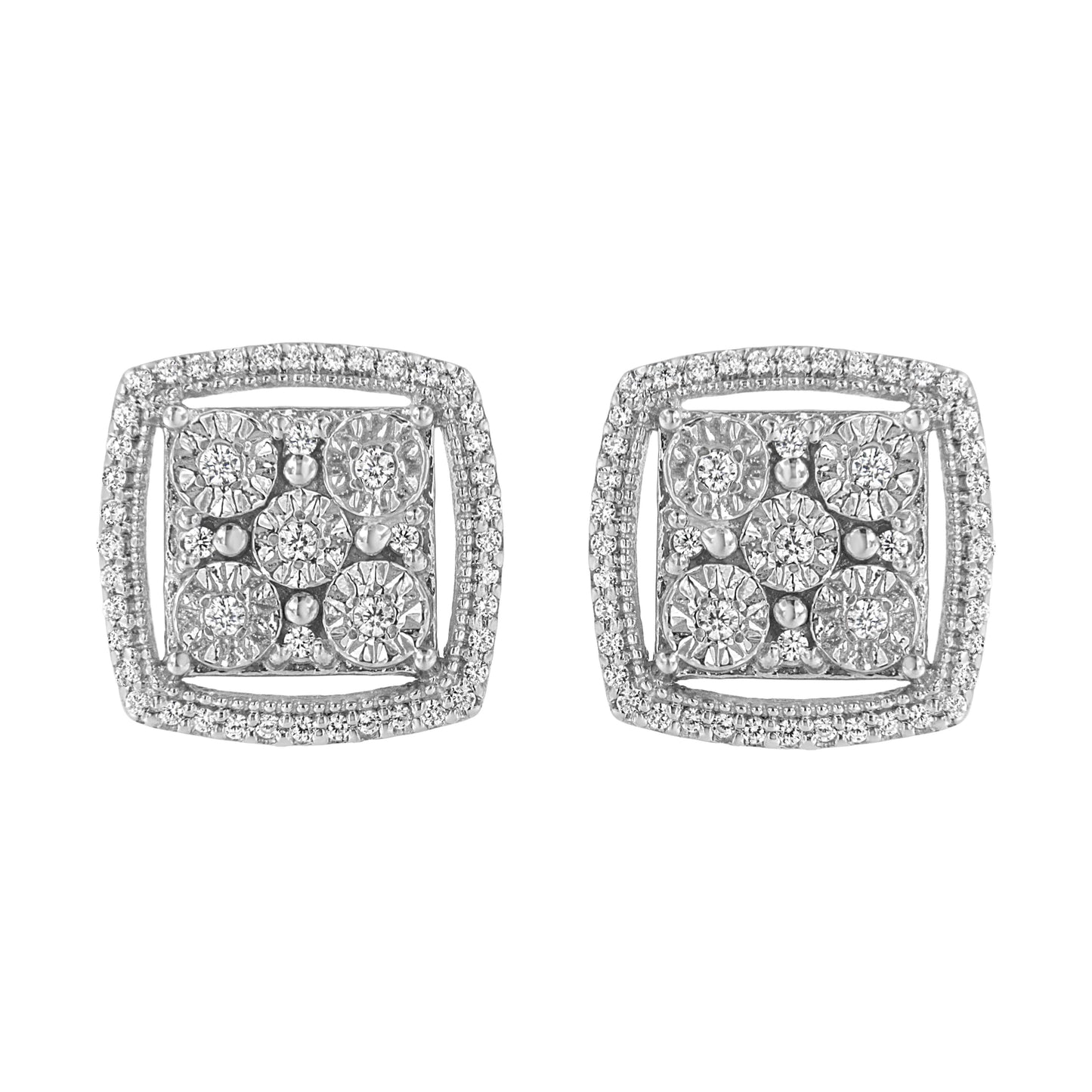 .925 Sterling Silver 3/8 Cttw Miracle Set Round Diamond Double Halo Cluster Earrings (I-J Color, I2-I3 Clarity) Bids.com
