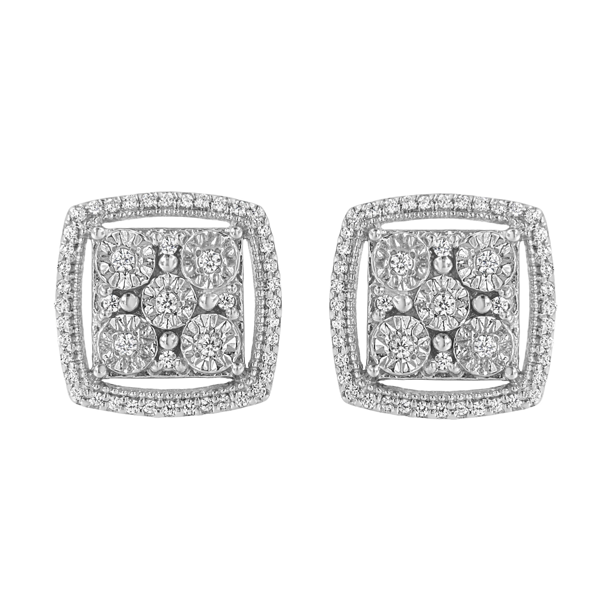 .925 Sterling Silver 3/8 Cttw Miracle Set Round Diamond Double Halo Cluster Earrings (I-J Color, I2-I3 Clarity) Bids.com