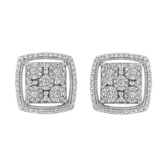 .925 Sterling Silver 3/8 Cttw Miracle Set Round Diamond Double Halo Cluster Earrings (I-J Color, I2-I3 Clarity) Bids.com