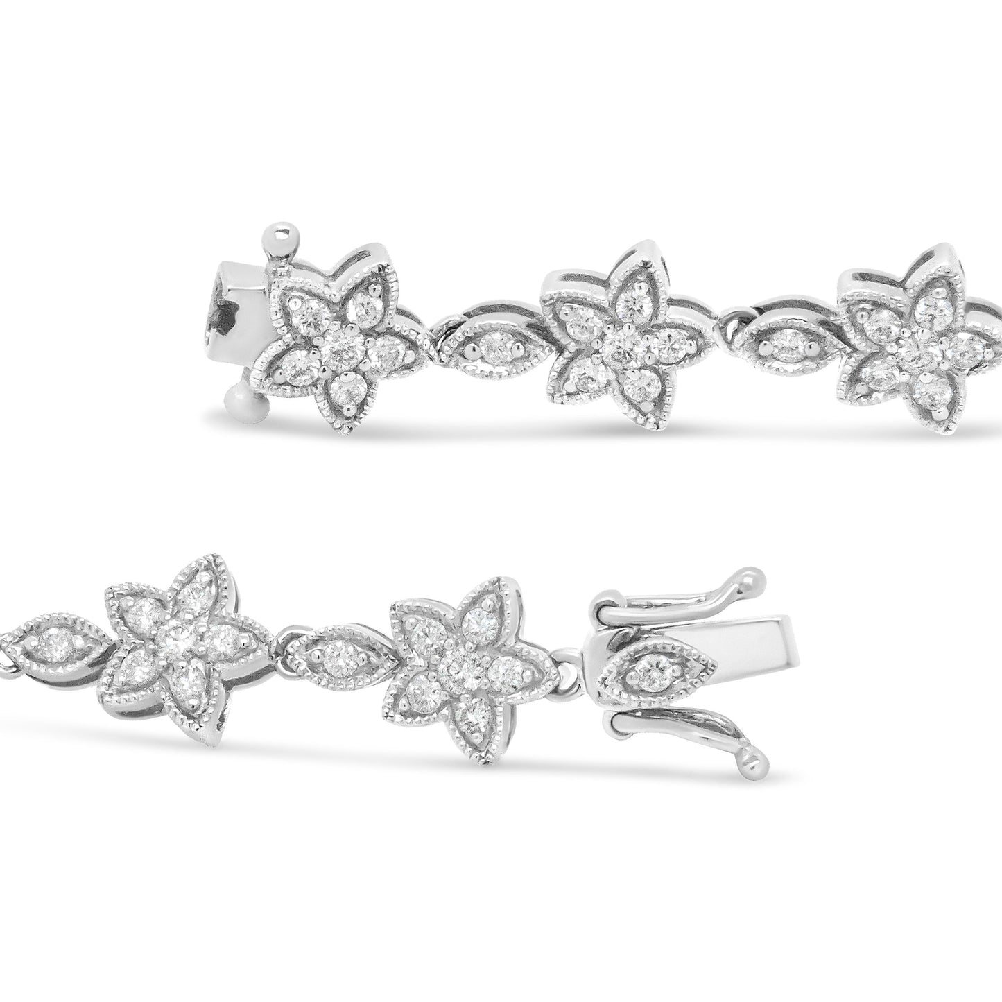 14K White Gold 1 1/5 Cttw Round Diamond Flower Blossom Link Bracelet (H-I Color, SI1-SI2 Clarity) - Size 7" Bids.com