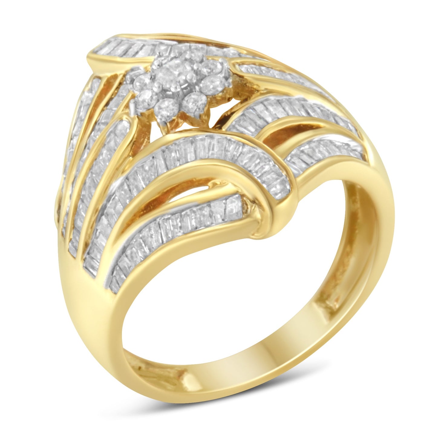 10K Yellow Gold Flashed .925 Sterling Silver 1-1/8 Cttw Round & Baguette Diamond 'Flower & Fern' Cluster Cocktail Fashion Ring (I-J Color, I2-I3 Clarity) - Size 6 Bids.com