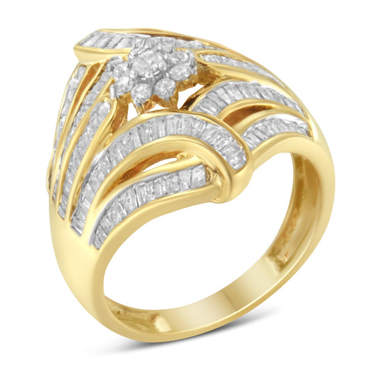 10K Yellow Gold Flashed .925 Sterling Silver 1-1/8 Cttw Round & Baguette Diamond 'Flower & Fern' Cluster Cocktail Fashion Ring (I-J Color, I2-I3 Clarity) - Size 6 Bids.com
