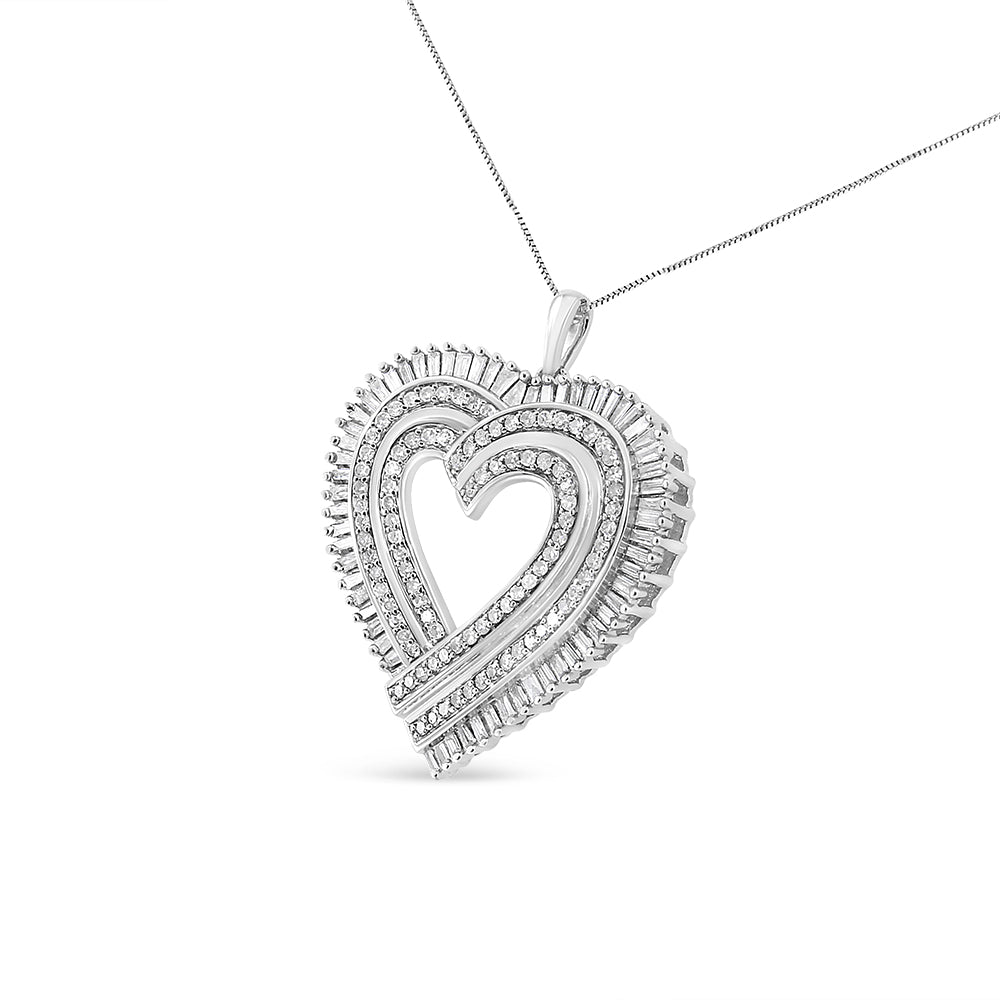 .925 Sterling Silver 1 1/4 Cttw Round and Baguette-Cut Diamond Composite Heart 18" Pendant Necklace (I-J Color, I1-I2 Clarity) Bids.com