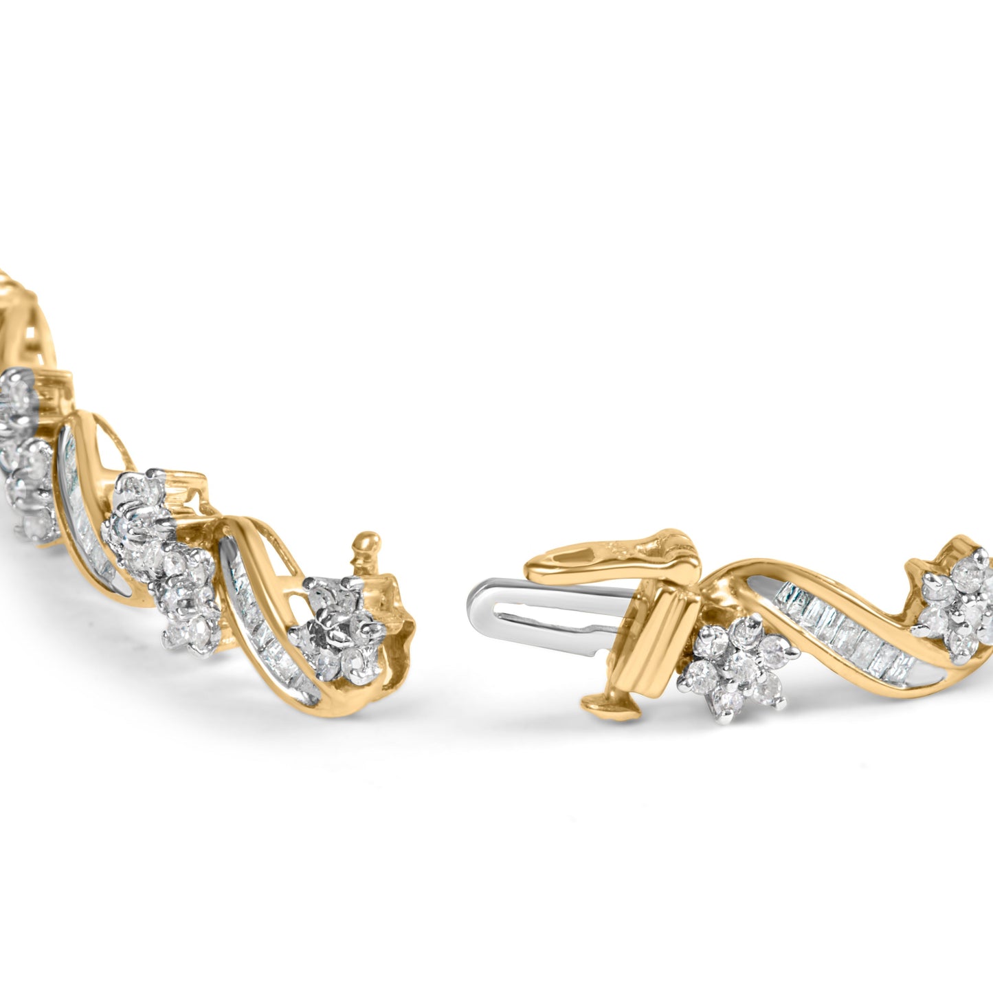 10k Yellow Gold 3.00 Cttw Round-Cut and Baguette-Cut Floral Link 7.25" Bracelet (I-J Color, I1-I2 Clarity) Bids.com