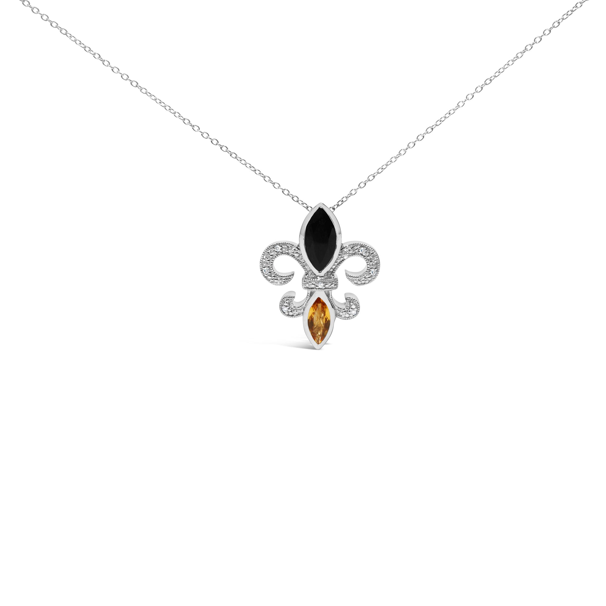 .925 Sterling Silver Marquise Onyx and Citrine and Diamond Accent Fleur De Lis Pendant Necklace (H-I Color, SI1-SI2 Clarity) - 18" Bids.com