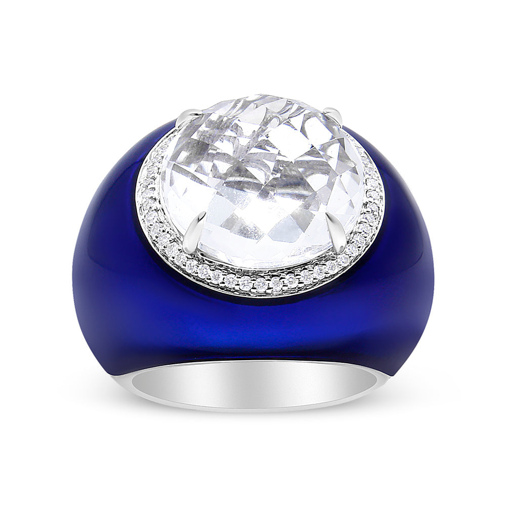 18K White Gold 14mm White Quartz and 1/5 Cttw Diamond Halo with Blue Enamel Dome Ring (F-G Color, VS1-VS2 Clarity) - Ring Size 7 Bids.com