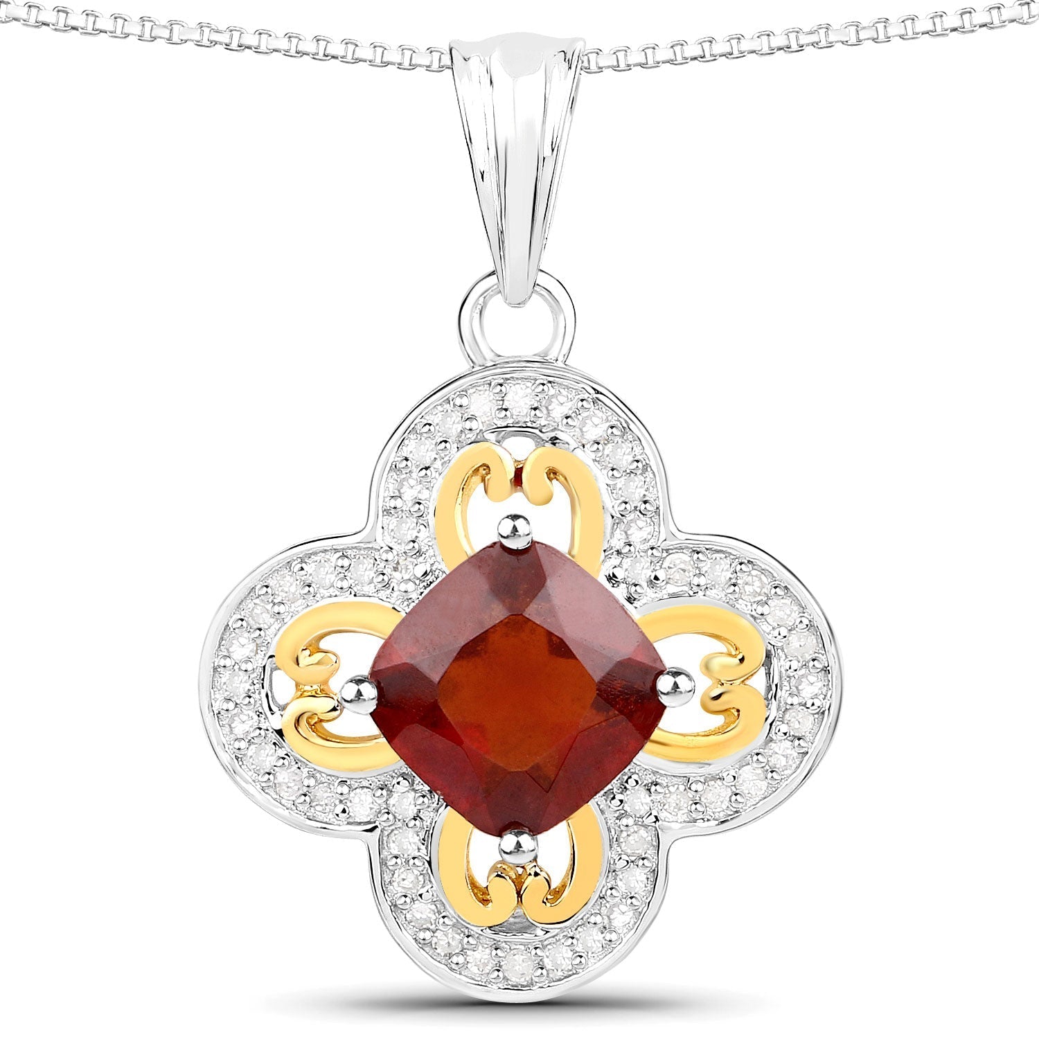 1.63 Carat Genuine Hessonite and White Diamond 18K Yellow Gold with .925 Sterling Silver Pendant Bids.com