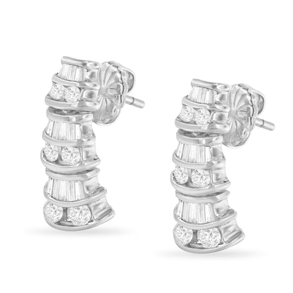 14K White Gold 7/8 cttw Baguette & Round Brilliant-Cut Diamond Dangle Multi Row Earrings (H-I Color, SI2-I1 Clarity) Bids.com