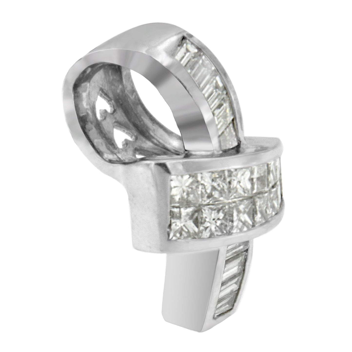 14K White Gold 2 cttw Princess and Baguette Cut Diamond Ribbon Pendant Necklace (H-I, SI-SI2) Bids.com