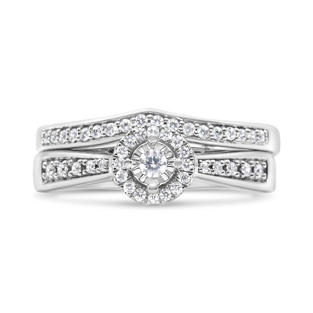 .925 Sterling Silver 1/3 Cttw Diamond Halo and Pave Shank Engagement Ring Set (I-J Color, I3 Clarity) - Ring Size 7 Bids.com