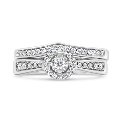 .925 Sterling Silver 1/3 Cttw Diamond Halo and Pave Shank Engagement Ring Set (I-J Color, I3 Clarity) - Ring Size 7 Bids.com