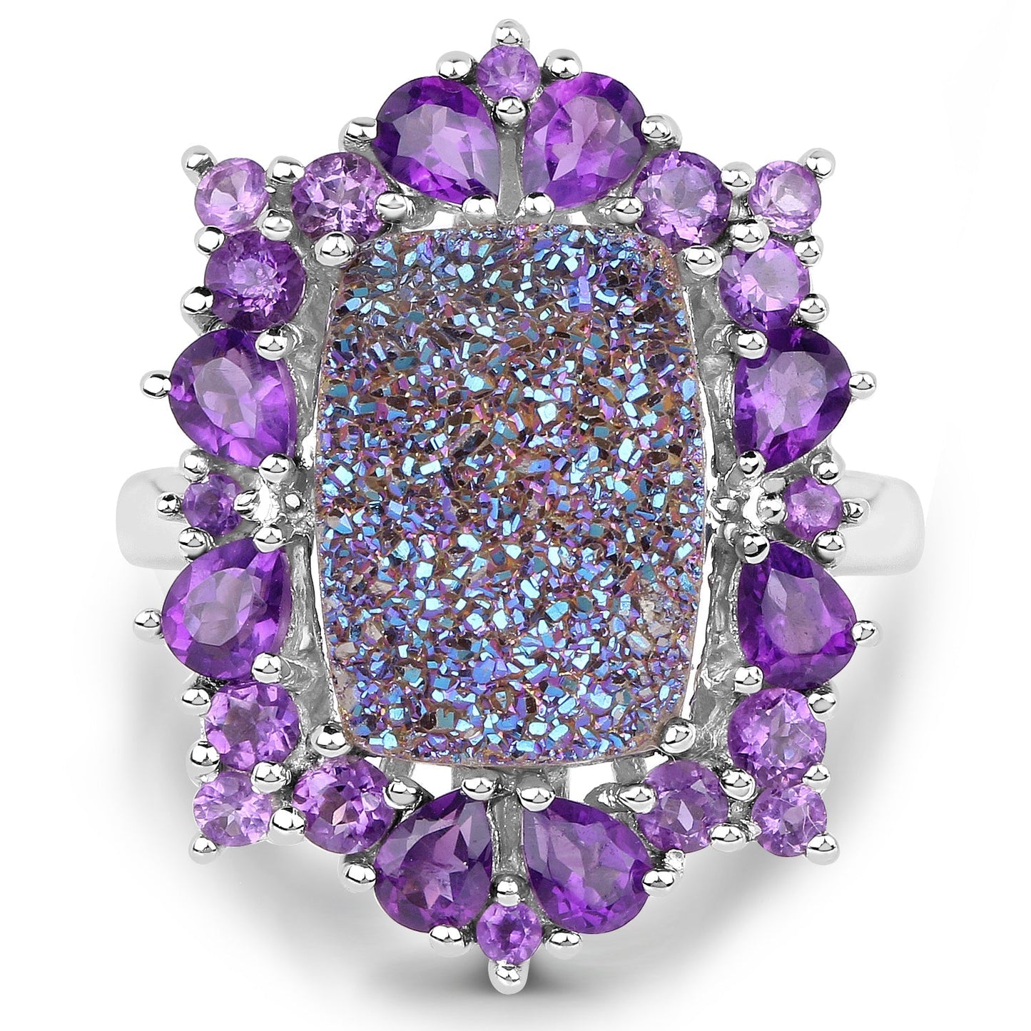 5.97 Carat Genuine Drusy Quartz and Amethyst .925 Sterling Silver Ring Bids.com