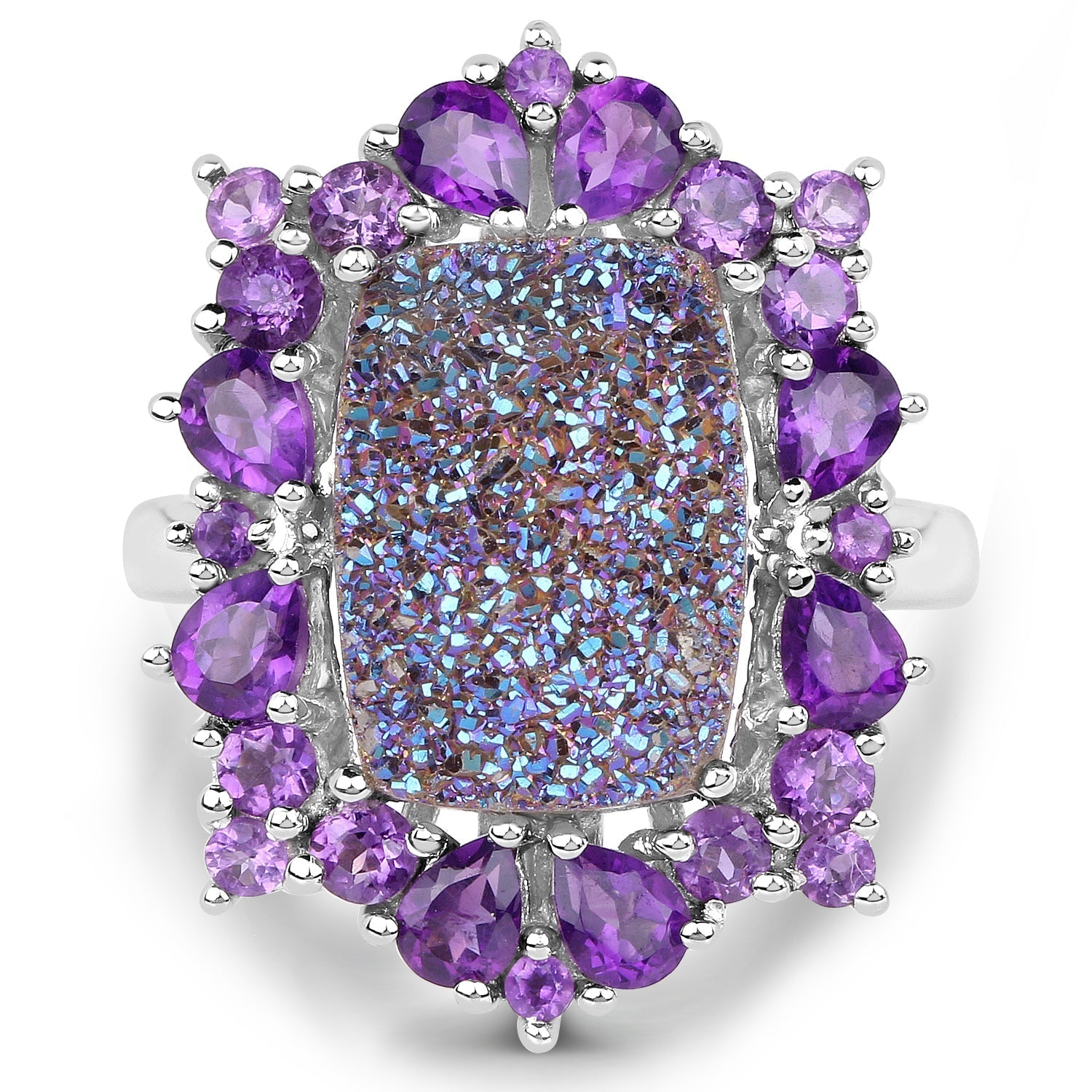 5.97 Carat Genuine Drusy Quartz and Amethyst .925 Sterling Silver Ring Bids.com
