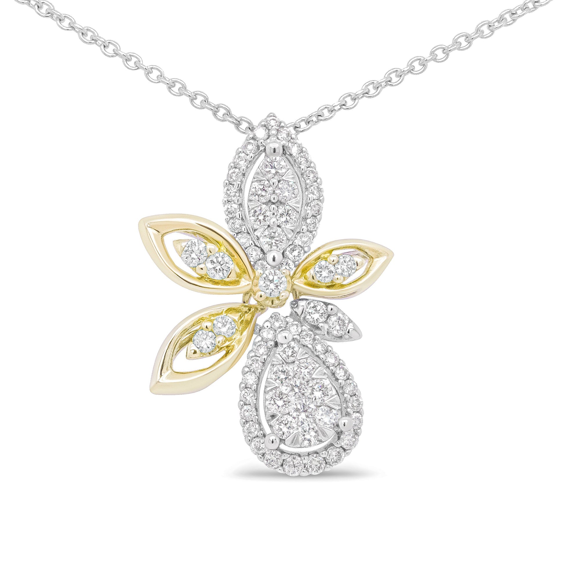 14K White and Yellow Gold 5/8 Cttw Round Diamond Marquise Floral Style 18" Pendant Necklace (H-I Color, I1-I2 Clarity) Bids.com