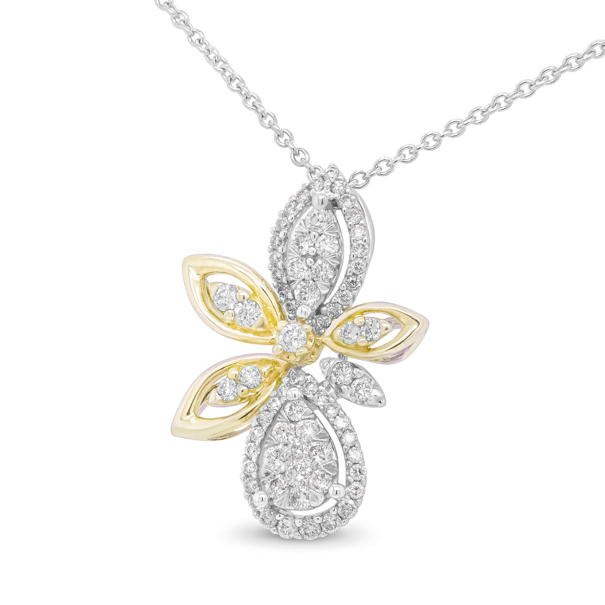 14K White and Yellow Gold 5/8 Cttw Round Diamond Marquise Floral Style 18" Pendant Necklace (H-I Color, I1-I2 Clarity) Bids.com