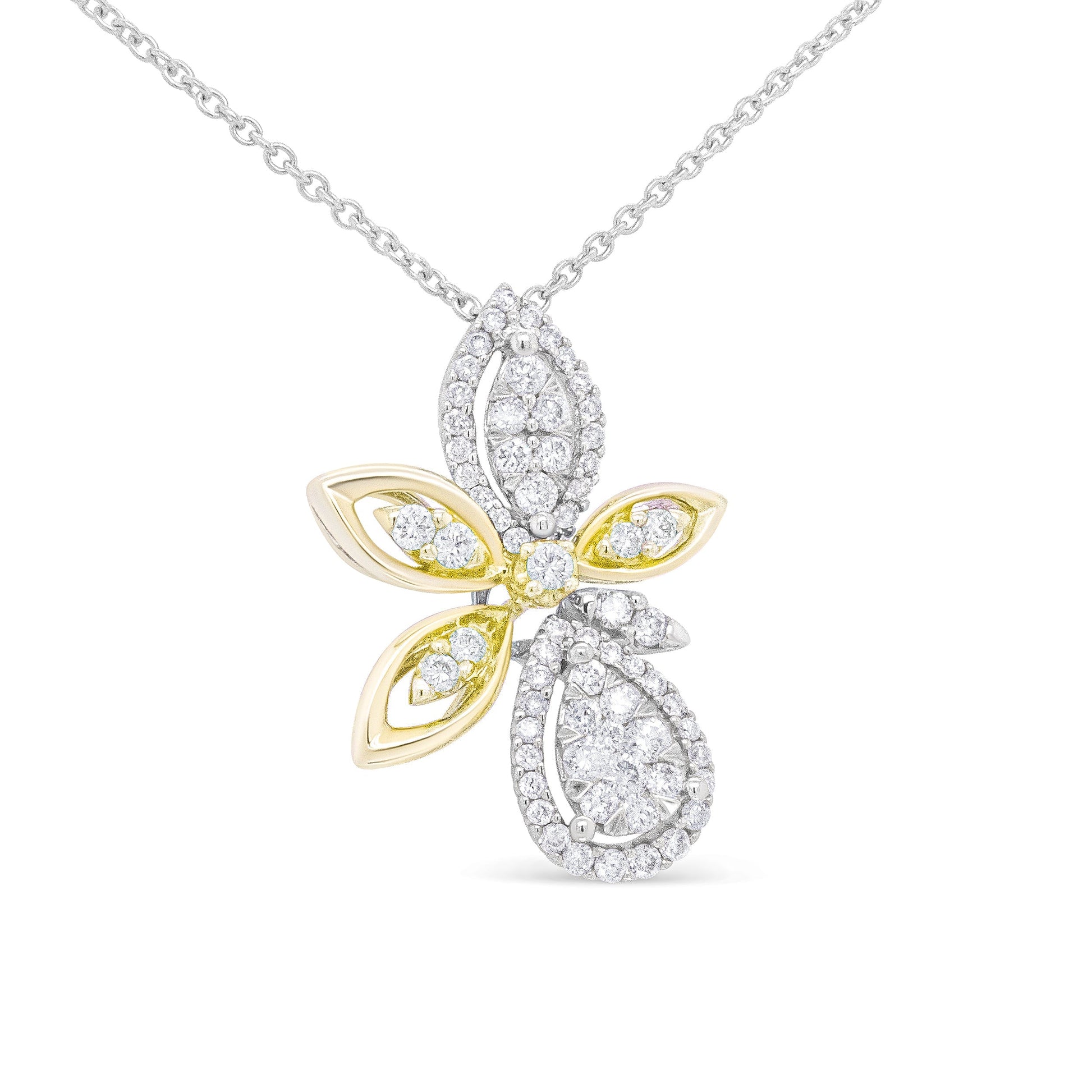 14K White and Yellow Gold 5/8 Cttw Round Diamond Marquise Floral Style 18" Pendant Necklace (H-I Color, I1-I2 Clarity) Bids.com
