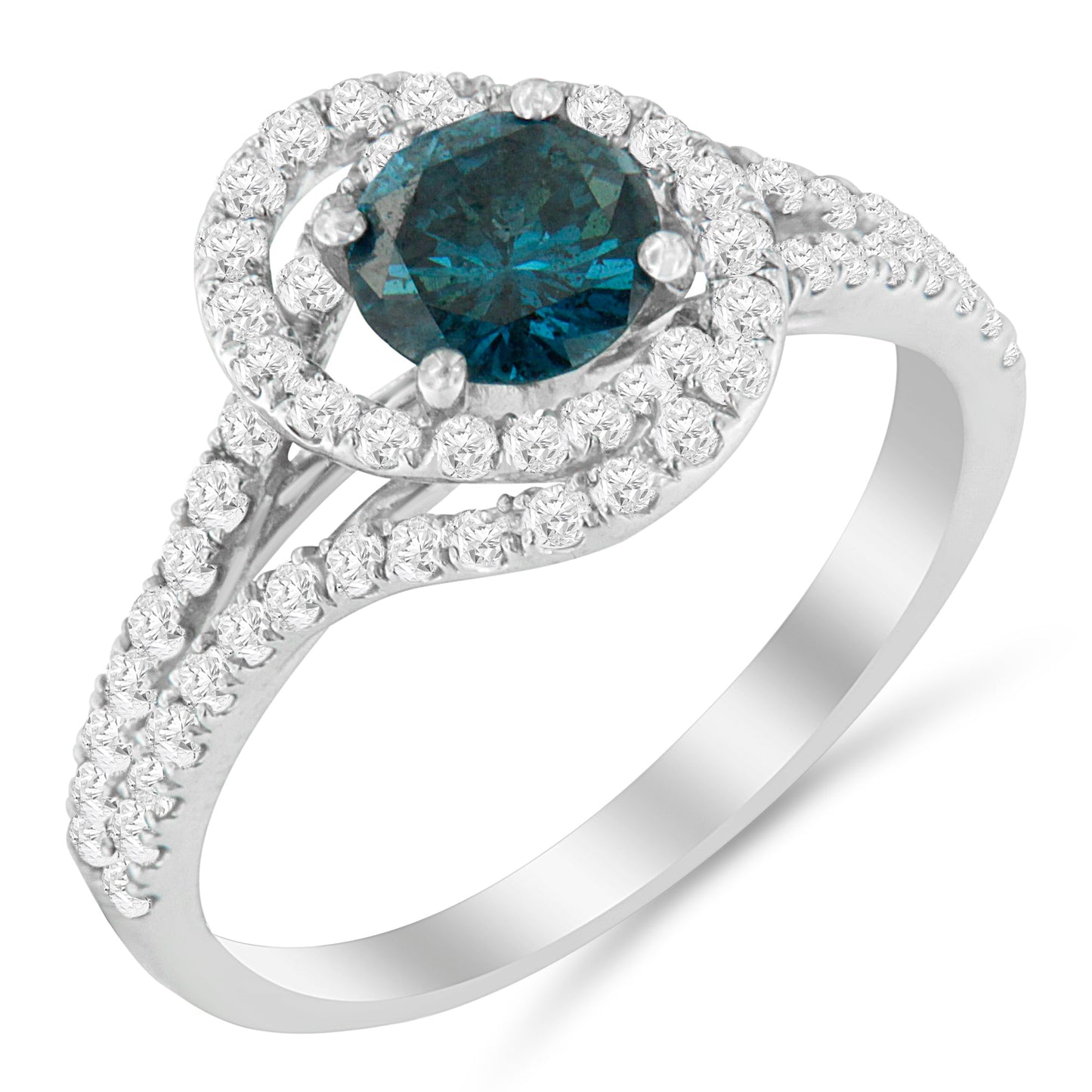 14K White Gold 1-1/3 Cttw White & Blue Diamond Interweaving Double Halo Cocktail Statement Ring (G-H and Fancy Blue Color, SI2-I1 Clarity) - Size 6 Bids.com