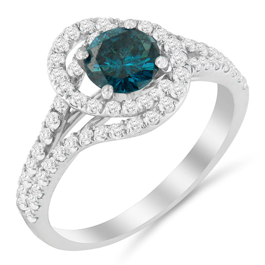 14K White Gold 1-1/3 Cttw White & Blue Diamond Interweaving Double Halo Cocktail Statement Ring (G-H and Fancy Blue Color, SI2-I1 Clarity) - Size 6 Bids.com