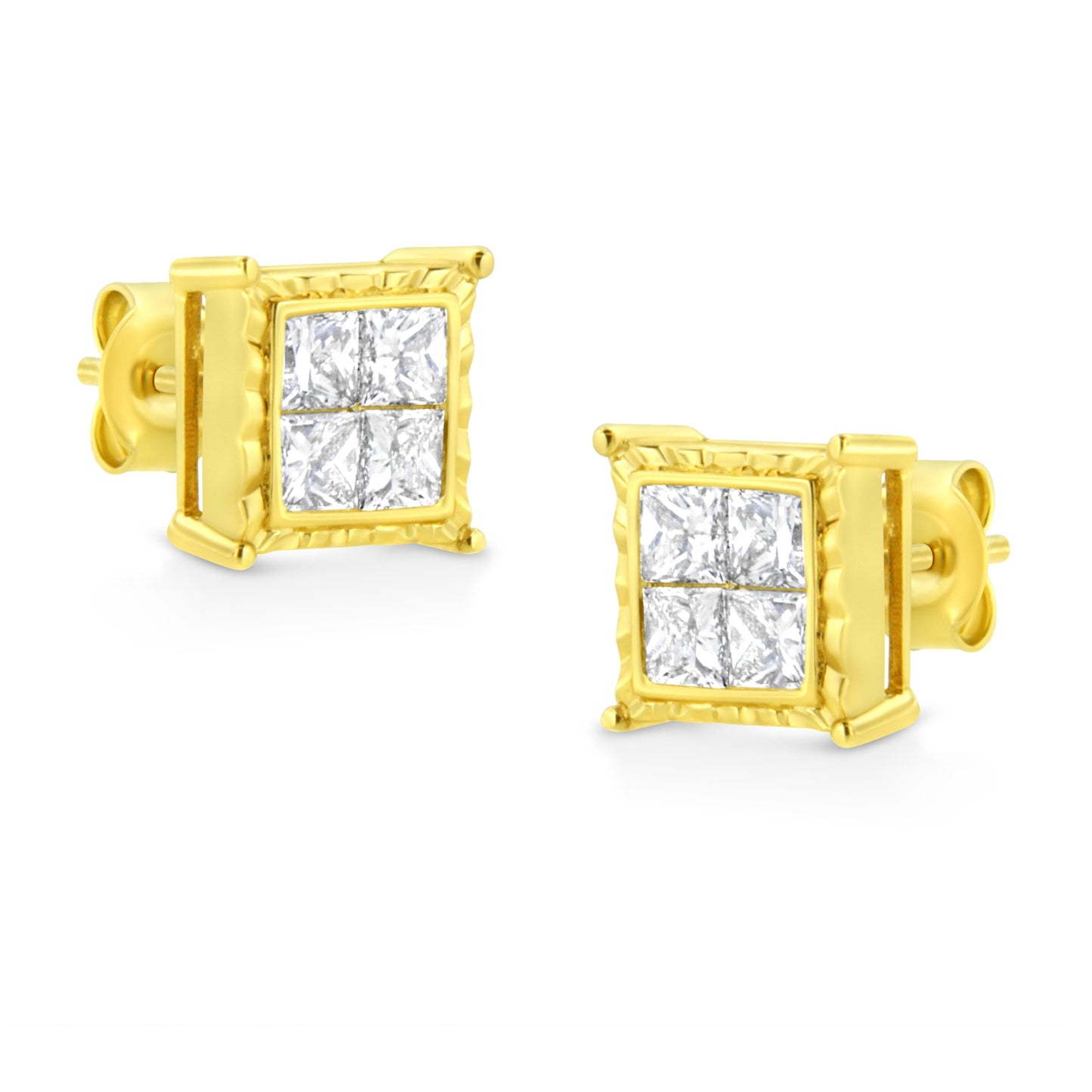 14K Yellow Gold 1.0 Cttw Invisible Set Princess-Cut Diamond Composite 8 Stone Stud Earrings (I-J Color, SI1-SI2 Clarity) Bids.com