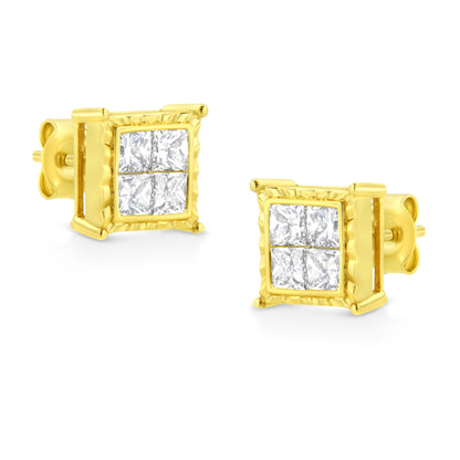 14K Yellow Gold 1.0 Cttw Invisible Set Princess-Cut Diamond Composite 8 Stone Stud Earrings (I-J Color, SI1-SI2 Clarity) Bids.com