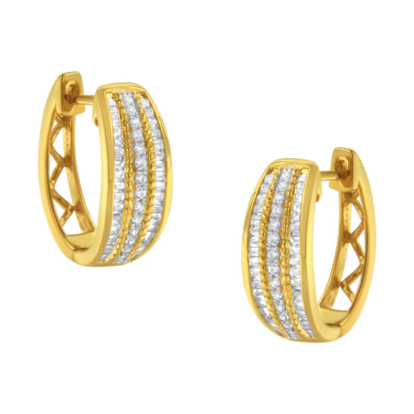 10K Yellow Gold 3/4 Cttw Pave and Channel Set Diamond Triple Row Modern Hoop Earrings (I-J Color, I2-I3 Clarity) Bids.com