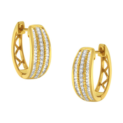 10K Yellow Gold 3/4 Cttw Pave and Channel Set Diamond Triple Row Modern Hoop Earrings (I-J Color, I2-I3 Clarity) Bids.com