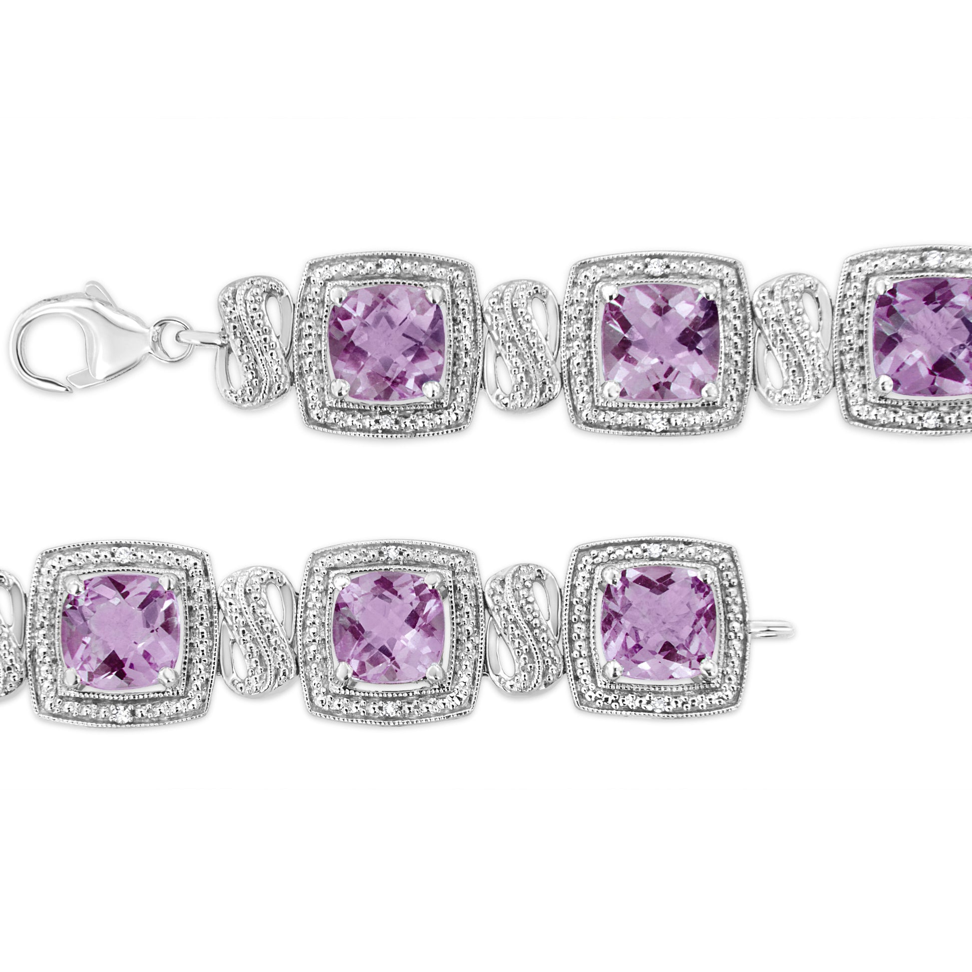 .925 Sterling Silver 7x7 mm Cushion Cut Purple Amethyst and 1/10 cttw Round Cut Diamond Square Shape Tennis Bracelet (I-J Color, I1-I2 Clarity) - 7" Bids.com
