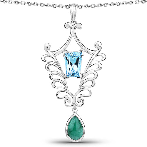 9.23 Carat Genuine Emerald and Swiss Blue Topaz .925 Sterling Silver Pendant Bids.com