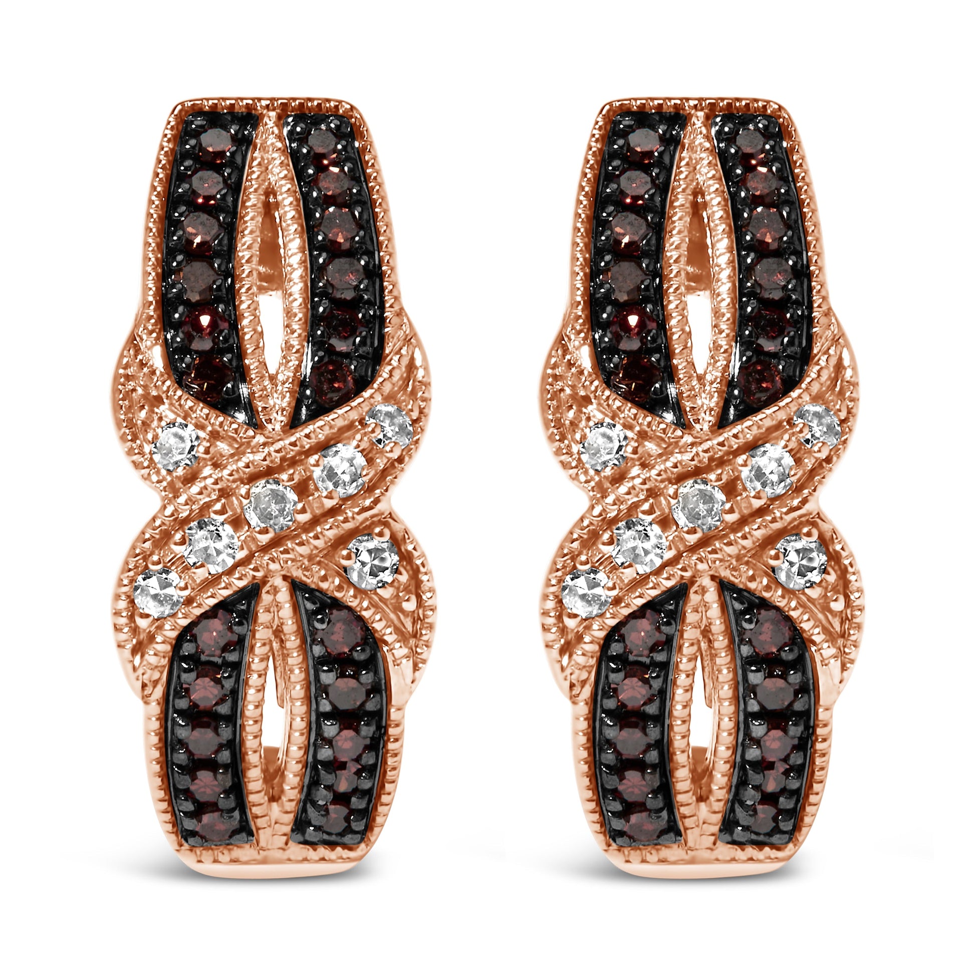 10K Rose Gold 1/3 Cttw White and Brown Diamond Milgrain Criss Cross J-Hoop Earrings (I-J Color, I1-I2 Clarity) Bids.com