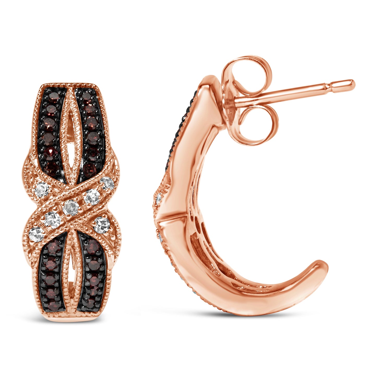 10K Rose Gold 1/3 Cttw White and Brown Diamond Milgrain Criss Cross J-Hoop Earrings (I-J Color, I1-I2 Clarity) Bids.com