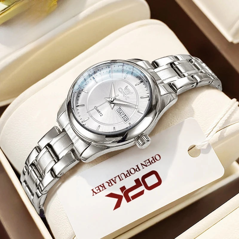 Women's Stainless Steel Watch Black Dial Dual Calendar BandsCo Straps