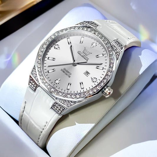 Women's Crystal Bezel White Leather Strap Watch Quartz Date BandsCo Straps