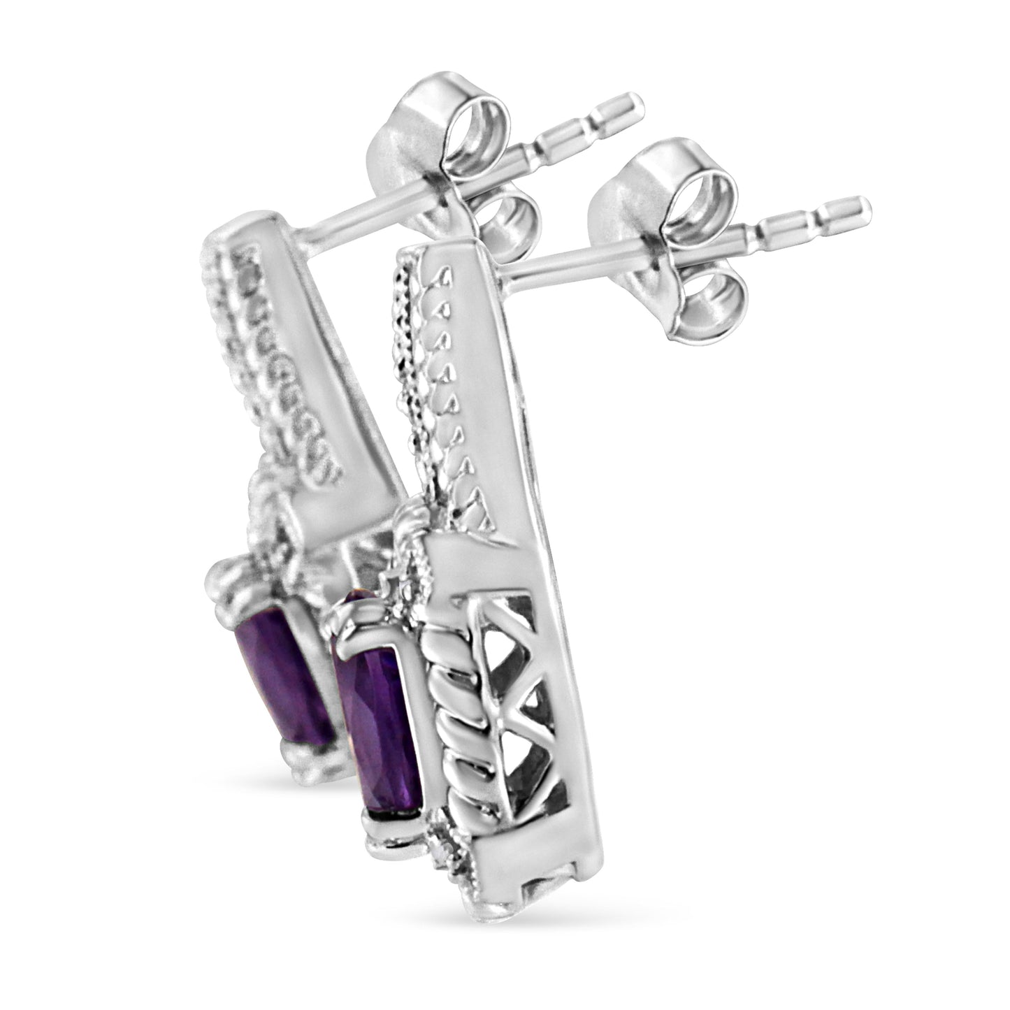 .925 Sterling Silver 8x6 MM Natural Oval Purple Amethyst Gemstone and Diamond Accent Art Deco Style Drop and Dangle Earrings (I-J Color, I1-I2 Clarity) Bids.com