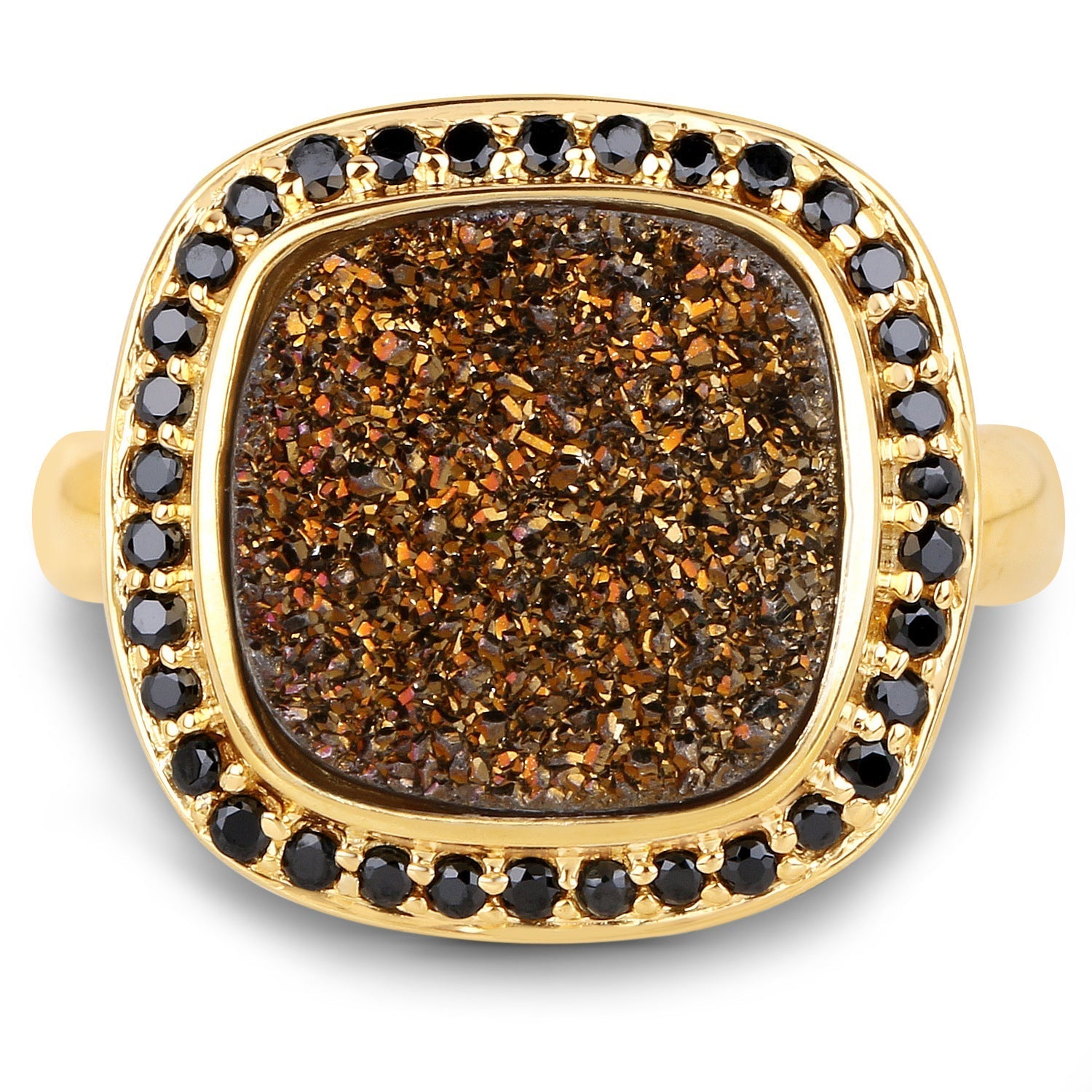 14K Yellow Gold Plated 6.19 Carat Genuine Drusy Quartz and Black Spinel .925 Sterling Silver Ring Bids.com