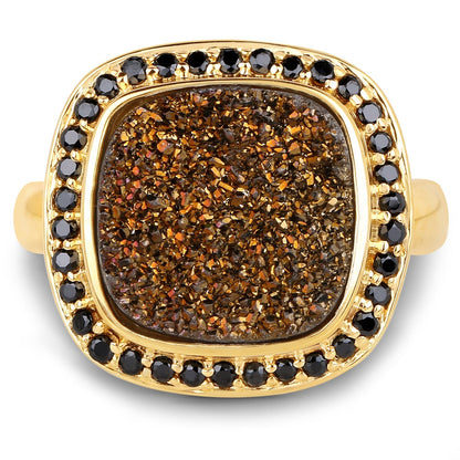 14K Yellow Gold Plated 6.19 Carat Genuine Drusy Quartz and Black Spinel .925 Sterling Silver Ring Bids.com