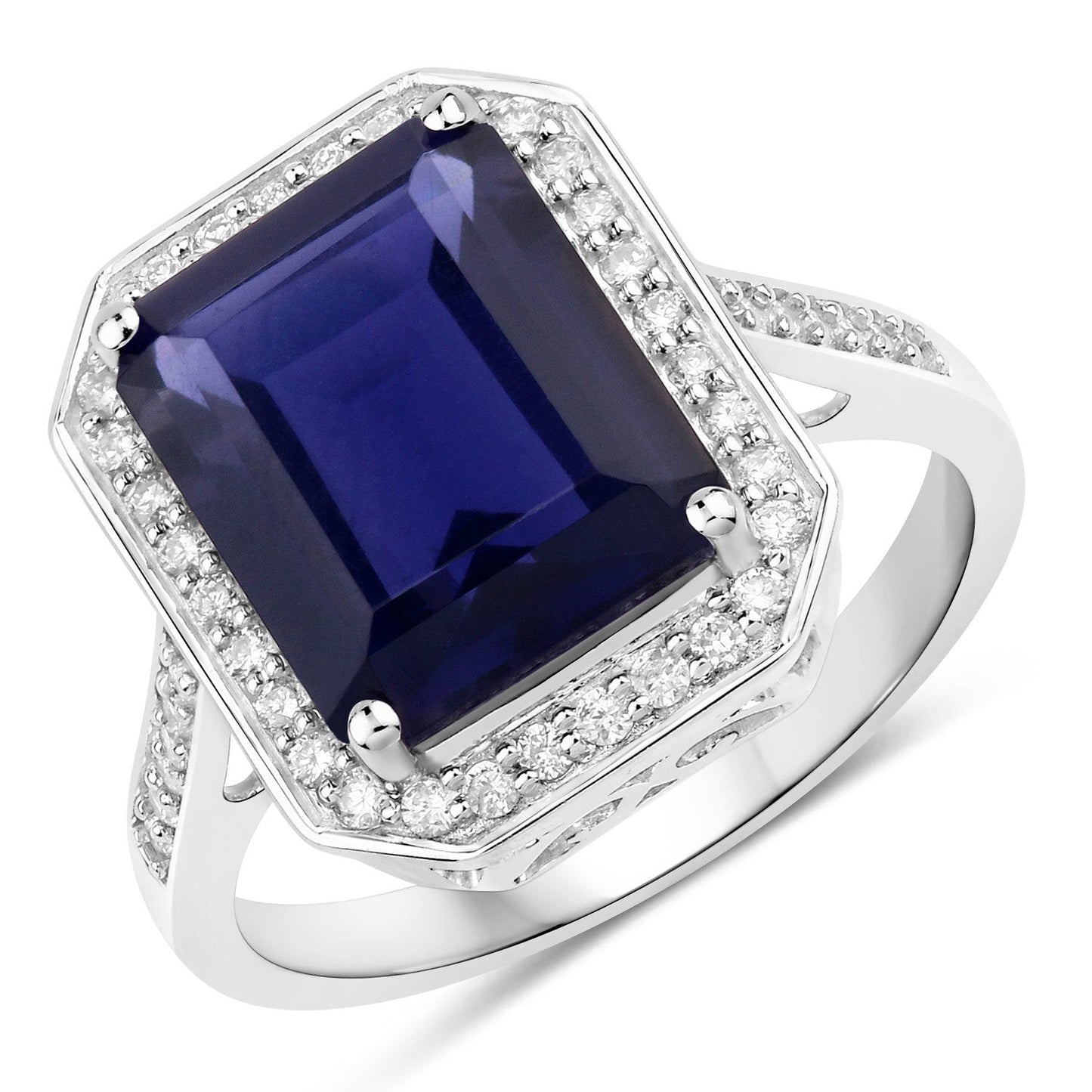 3.70 Carat Genuine Iolite and White Diamond 14K White Gold Ring Bids.com