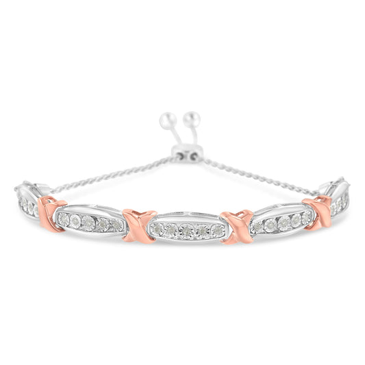 .925 Sterling Silver 1/4 Cttw Round-Cut Diamond X & Tapered Bar Miracle-Set Bolo Bracelet (I-J Color, I3 Clarity) - Two Tone Rose Gold & Silver Bids.com