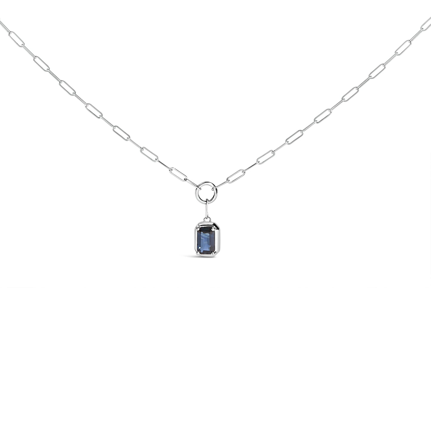 10K White Gold Emerald Cut 6x4 MM Blue Sapphire Solitaire Pendant Necklace - 18 inch Bids.com