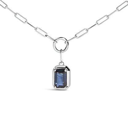 10K White Gold Emerald Cut 6x4 MM Blue Sapphire Solitaire Pendant Necklace - 18 inch Bids.com