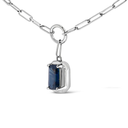 10K White Gold Emerald Cut 6x4 MM Blue Sapphire Solitaire Pendant Necklace - 18 inch Bids.com