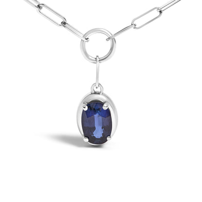 10K White Gold 6x4 mm Oval Blue Sapphire Solitaire Paperclip Pendant Necklace - 18" Inches Bids.com