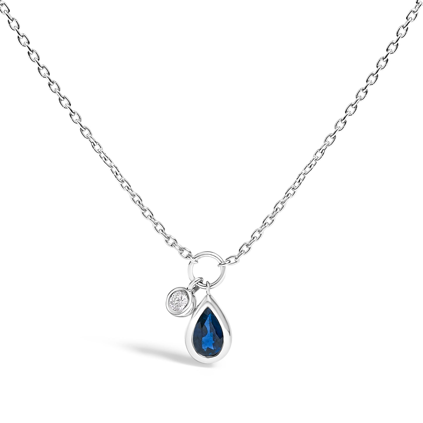 10K White Gold 6x4 mm Pear Blue Sapphire and Diamond  Accent Charm Pendant Necklace - 18" Inches Bids.com