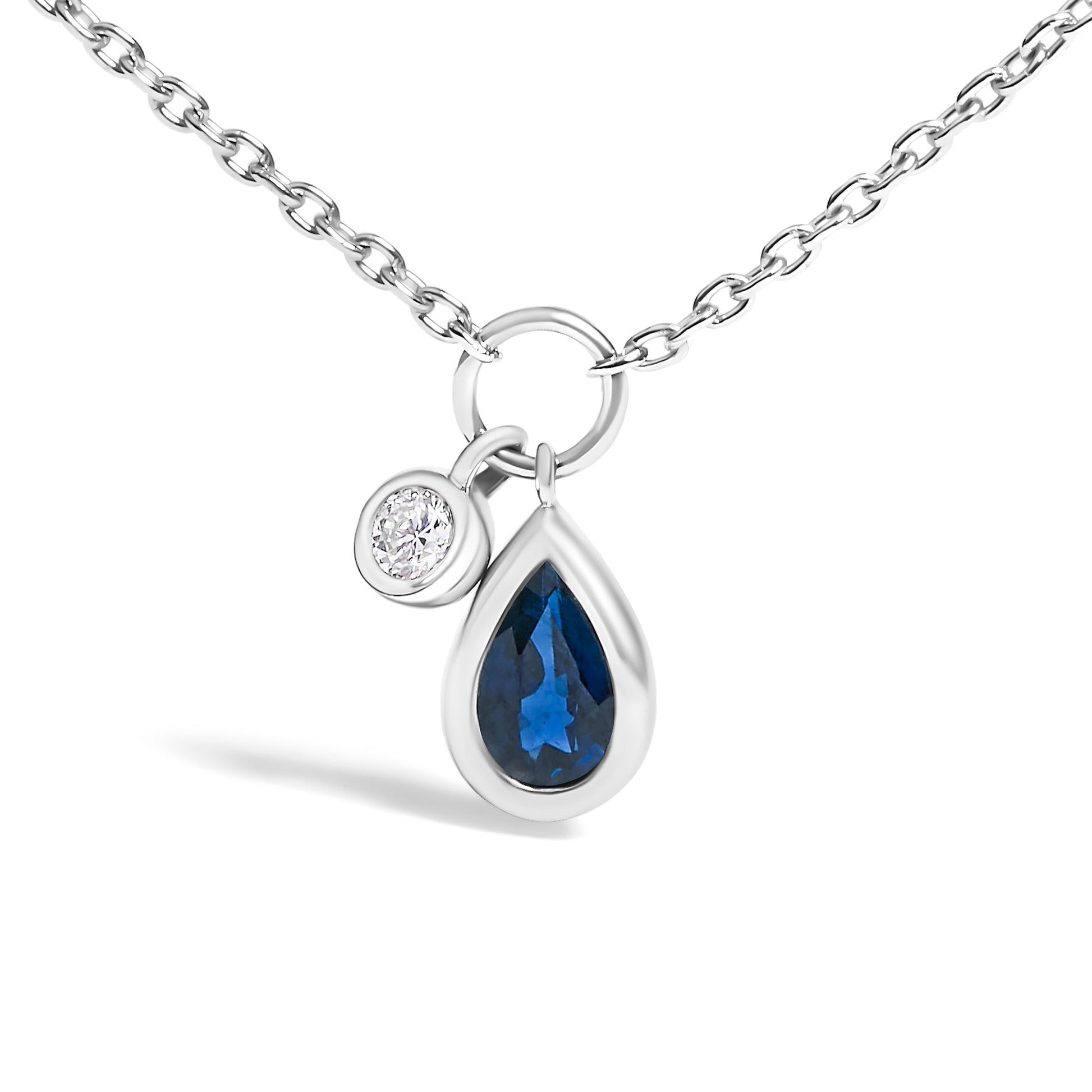 10K White Gold 6x4 mm Pear Blue Sapphire and Diamond  Accent Charm Pendant Necklace - 18" Inches Bids.com