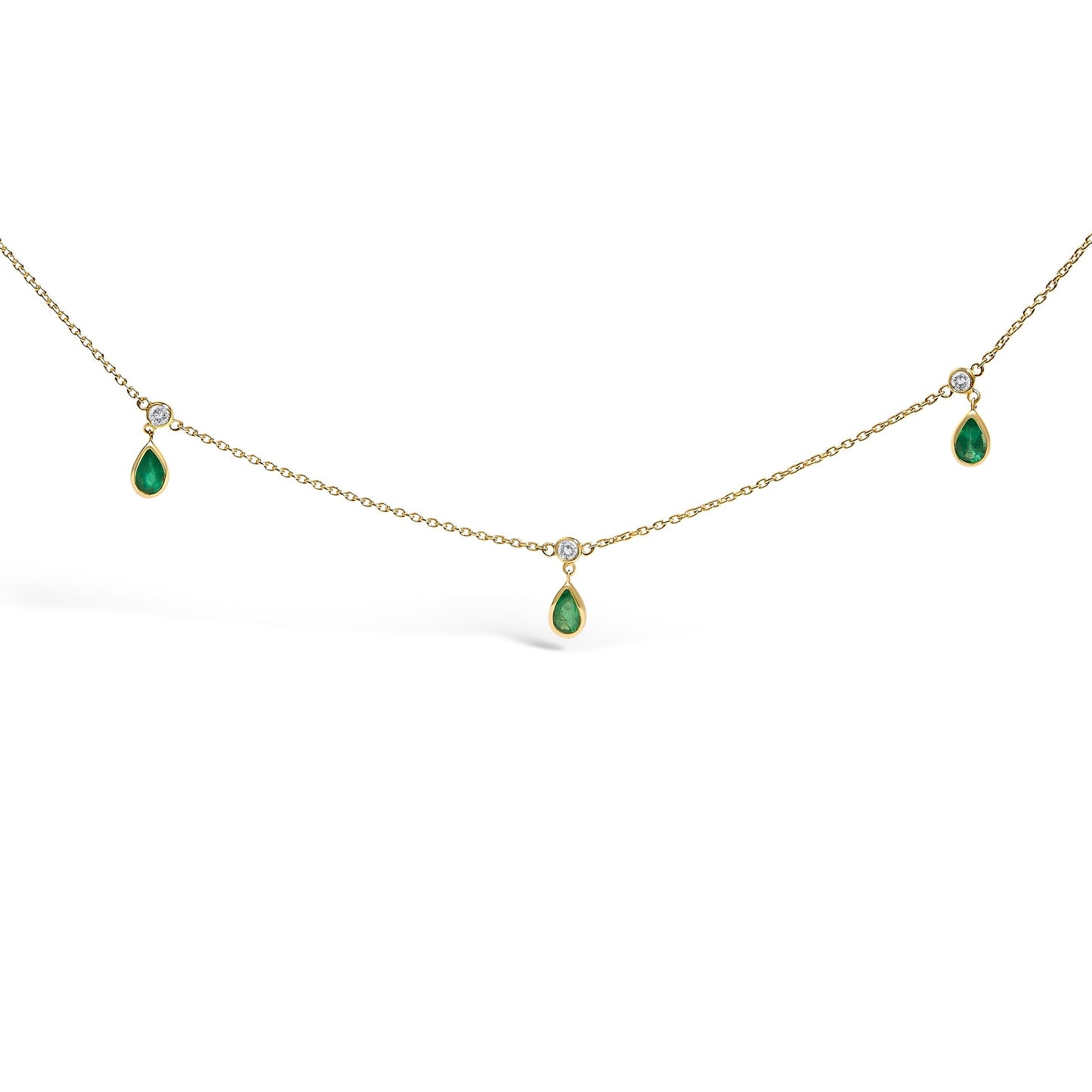 10K Yellow Gold Dangling 5x3 mm Green Emerald and Diamond Station Necklace - 18" Inches Bids.com
