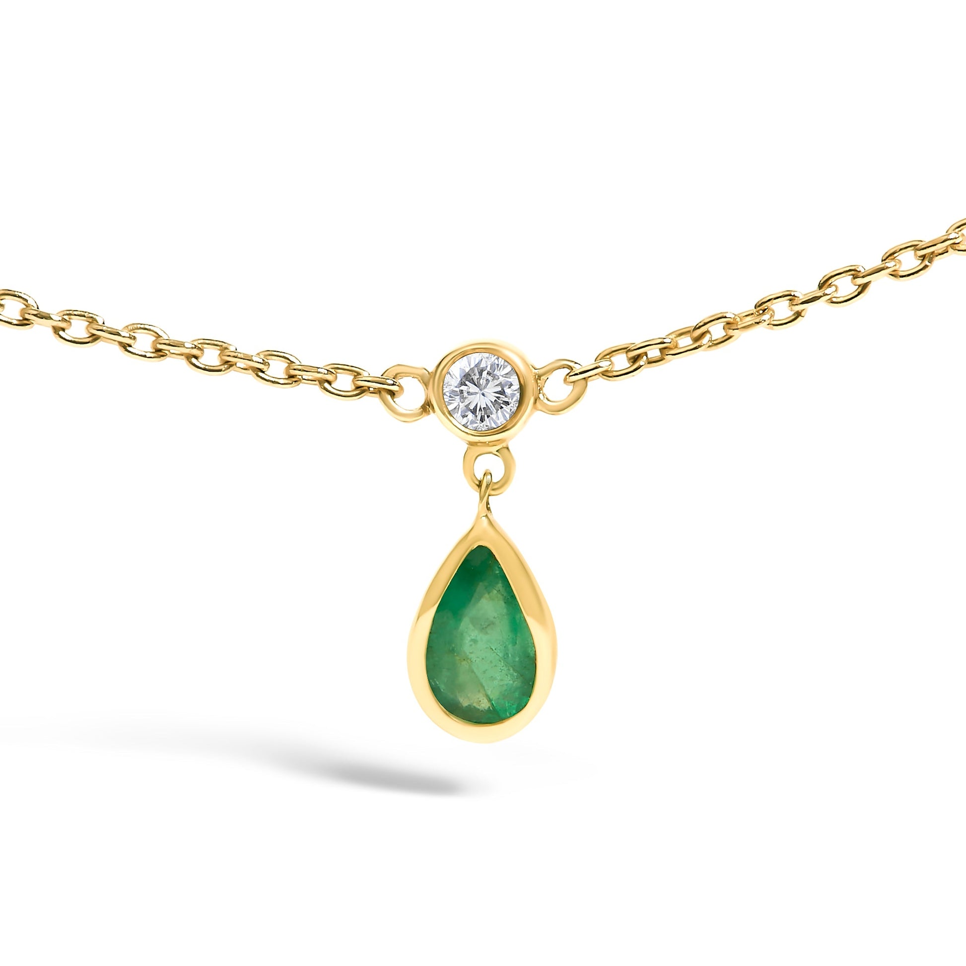 10K Yellow Gold Dangling 5x3 mm Green Emerald and Diamond Station Necklace - 18" Inches Bids.com