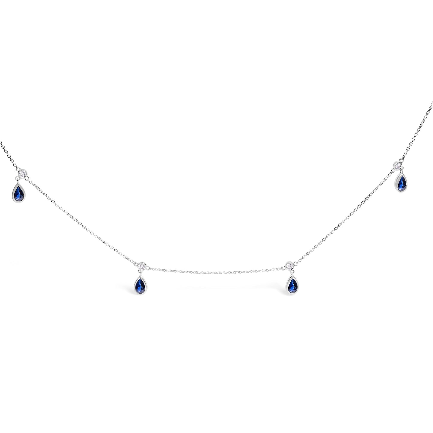 10K White Gold Dangling 5x3 mm Pear Blue Sapphire and Diamond Station Necklace - 18" Inches Bids.com