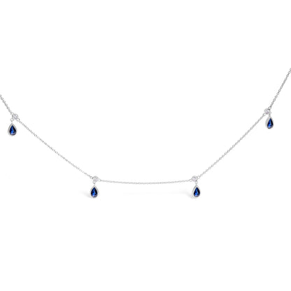 10K White Gold Dangling 5x3 mm Pear Blue Sapphire and Diamond Station Necklace - 18" Inches Bids.com