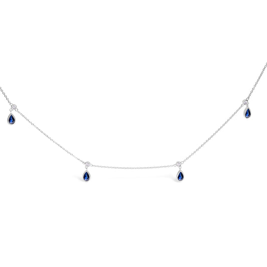 10K White Gold Dangling 5x3 mm Pear Blue Sapphire and Diamond Station Necklace - 18" Inches Bids.com